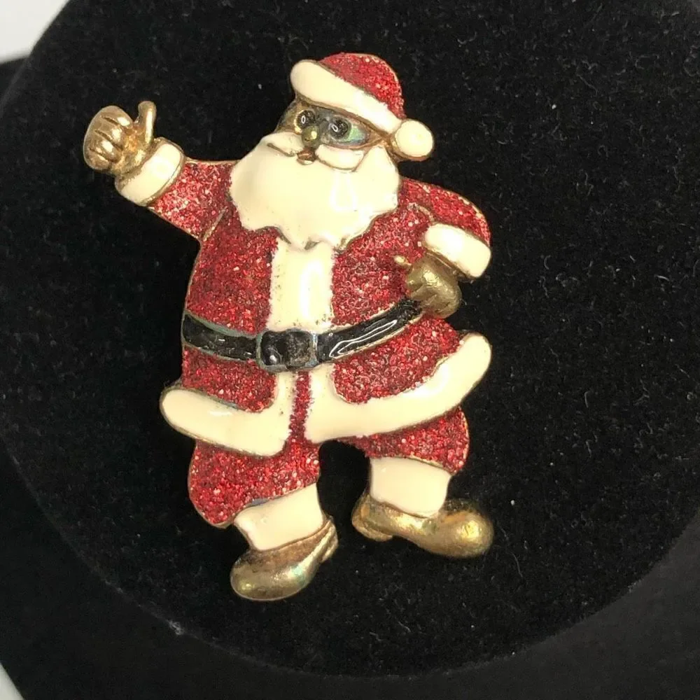 santa pin red‎ glitter enamel festive fun santa hoilday vintage christmas